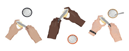 Hands with knives and bread. vector illustration.のイラスト素材