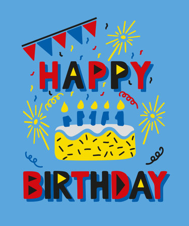Modern minimalistic birthday vector concept illustration in flat cutout style.Birthday cake with candles and fireworks, confetti on blue background. Ideal for postcard, banner, cover, greeting cardのイラスト素材