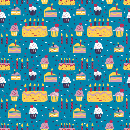 Modern bright seamless pettern with celebration related elements. Unique vector design in flat bold cut out style. Suitable for fabric, wallpaper, wrapping, background, interior decor, posterのイラスト素材