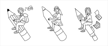 Hand drawn diverse students sitting on the standing ordinary, mechanical and stylus pencils. Vector outline isolated education concept. Can be used for coloring pages.のイラスト素材