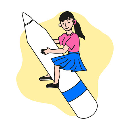 Bold hand drawn illustartion with exaggerated standing pencil and female asian student on it. Vector education concept in flat cartoon style. Can be used as post in social media, banner, coverのイラスト素材