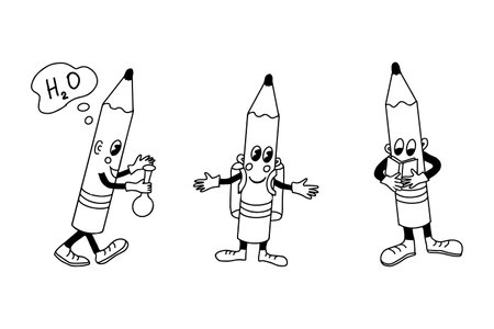 Cartoon hand drawn doodle standing pencils as student. Vector outline isolated character education set in retro style. Can be used for kids coloring pages.のイラスト素材
