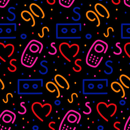 Retro seamless pattern withsquiggle. Vector isolated pattern in 90s style on black background. Good for textile, wallpaper, wrapping, background, scrapbooking, poster for social mediaのイラスト素材