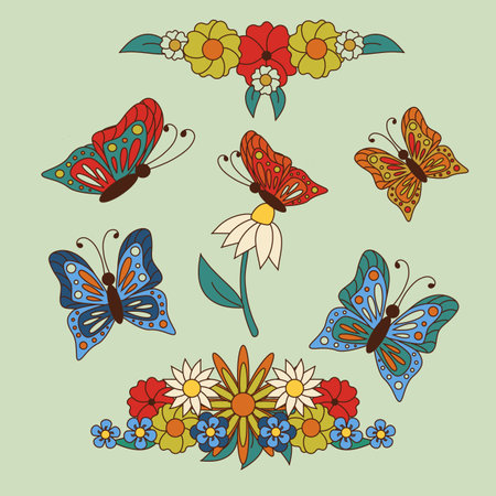 Retro cartoon clipart with flowers and butterflies. Vector outline stylized illustration. Collection of isolated stickers. Perfect for decoration, greeting cards, postcardsのイラスト素材