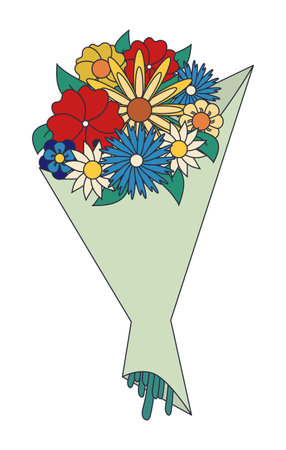 Cartoon retro style isolated bouquet of stylized flowers. Vector unique outline composition on white background. Ideal for post, poster, background.のイラスト素材
