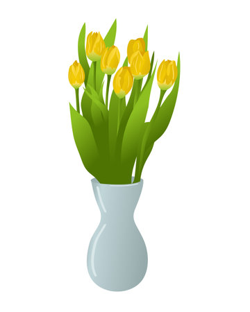 Yellow tulips in vase. Isolated flat vector composition on white background. Floral spring, summer illustration. Unique botanical bouquetのイラスト素材