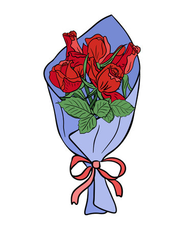 Red roses bunch in wrapping paper with ribbon. Outline flat vector illustration. Isolated floral bouquet on white background for greeting card, invitation, background or banner.のイラスト素材