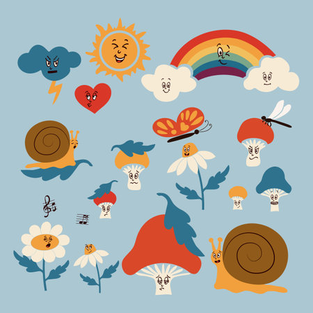 Groovy retro emoticons collection. Trendy vintage characters in flat cartoon style. Snail, daisies, mushrooms, fungus, sun, clouds, rainbow. Perfect for decoration, greeting cards, postcards stickersのイラスト素材