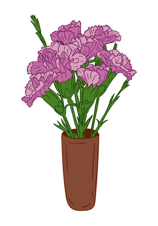 Vector purple carnation bunch in ceramic vase. Isolated flat outline flowers on white background. Unique floral illustration. Suitable for greeting card, invitation, bannerのイラスト素材