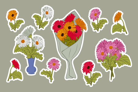 Set of colorful gerberas flat vector stickers. Hand drawun isolated flowers and and bunches with white outline. Bunches of gerberas in ceramic vase, in paper and with ribbon. Botanical unique designのイラスト素材