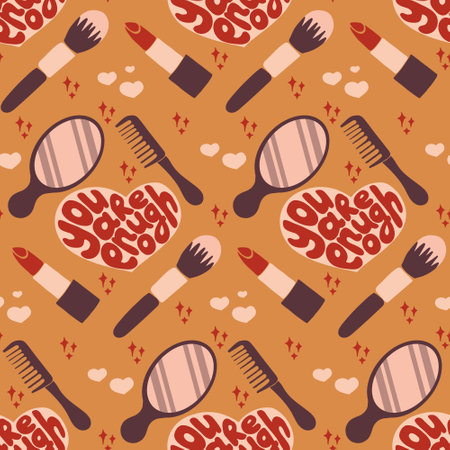 Groovy retro beauty lettering seamless pattern. Hand drawn slogan You Are Enough in heart shape with make up elements. Selflove concept. perfect for home decoration, textile, wrappingのイラスト素材