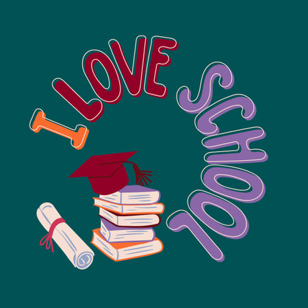 I Love School concept illustration on blackboard. Flat hand drawn composition with books. Unique retro design for posters, tshirt, banner, printouts, background, textile, greeting cardsのイラスト素材