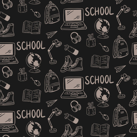 Back to school elements on black chalkboard. Minimalistic doodle seamless pattern. White isolated elements on black background. Perfect for decoration, textile, wrapping paper, background, greetingsのイラスト素材