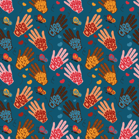Diverse self love pattern with different hands. Flat hand drawn slogan Choose Yourself inside multirace hands. Self care and diversity concept. Perfect for textile, home decoration , wrappingのイラスト素材