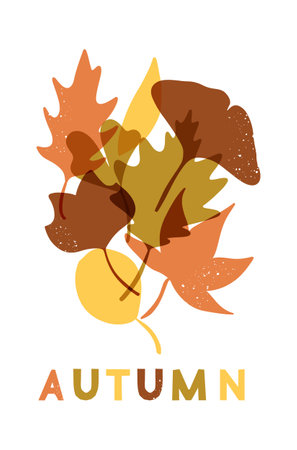 Autumn risographic concept with abstract leaves. Vintage minimalistic hand drawn illustration with grunge texture. Autumn monochromatic design. Ideal for background, banner, posterのイラスト素材