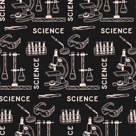 Vector flat doodle pattern with science items. Minimalistic sketch hand drawn design. White isolated science items on black chalkboard. Good for decoration, textile, wrapping paper, backgroundのイラスト素材