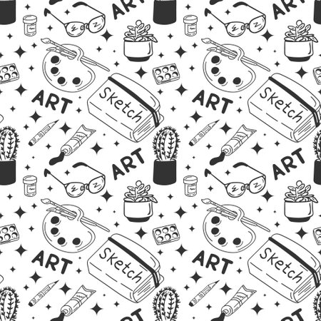 Flat doodle seamless pattern with art stationary. Minimalistic sketch unique design. Grey isolated art elements on white background. Good for decoration, textile, wrapping paper, backgroundのイラスト素材