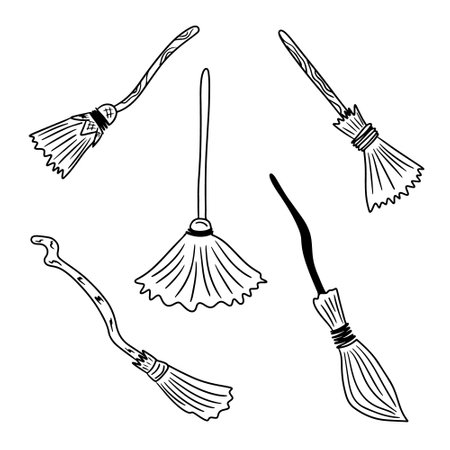 Sketch outline collection of wooden witches mops. Doodle hand drawn design for Halloween. Black sketch cartoon elements on white background. Ideal for coloring pages, stickers, tatoo.のイラスト素材