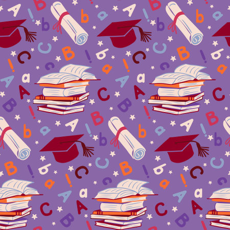 Colorful educational seamless pattern with books and letters. Minimalistic kids design for decoration, textile, wrapping, background, banner, social media graphics. Flat isolated characters and booksのイラスト素材