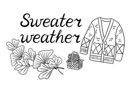 Doodle black and white hand drawn autumn season lettering quote or pharse for greeting cards, banners, posters design, stickers. Sweater weather slogan in retro style. Black sketch elementsのイラスト素材