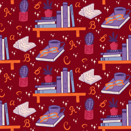 Retro 90s seamless pattern with books, letters and related items. Minimalistic cosy vintage design for wrapping paper, textile, decoration, scrapbookingのイラスト素材