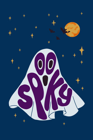 Halloweengroovy hand drawn typographic poster. Retro flat holiday composition with text Spooky in ghost form, bats, moon, and stars. Ideal for decoration, posters, tshirt print, wall artのイラスト素材