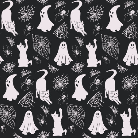 Black and white silhouette halloween seamless pattern with ghost, spider web, cats and spiders. Isolated outline spooky elements on black background. Dark theme for decoration, textile, wrapping paperのイラスト素材