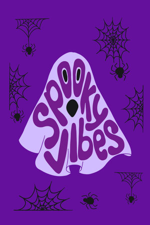 Spooky halloween hand drawn typographic poster with ghost. Retro groovy holiday composition with text Spooky Vibes in ghost form, spiders web and spinders. Good for decoration, posters, tshirt printのイラスト素材