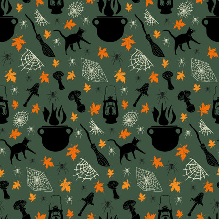 Colored retro style silhouette halloween seamless pattern on dark green background. Poisonous mushrooms, cauldron, black cat, witch mop, lantern, spider web, autumn leaves. Ideal for spooky decorationのイラスト素材