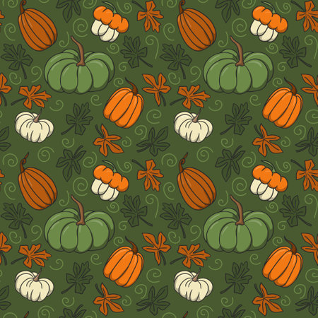 Autumn cozy colored pumpkins seamless pattern. Green, white, orange and brown pumpkins on dark green background with leaves. Cute design for wrappin, decoration, home decor, kids textileのイラスト素材
