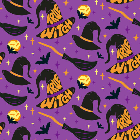 Seamless pattern with Halloween groovy lettering. Hand drawn slogan True Witch in witch hat with mop, bat and moon on purple background. unique design for Halloween party decoration, textile, wrappingのイラスト素材