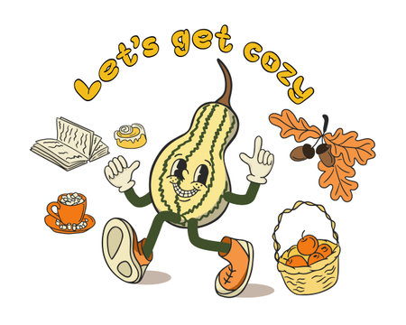 Funny pumpkin character in old retro style for print design. Slogan Lets get cozy and cute vintage character in flat hand drawn style. season concept illustration for posters, greetings, tshirt printのイラスト素材