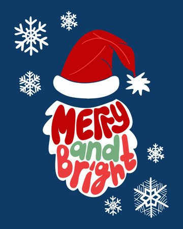Groovy retro Christmas typographic composition. Vector illustration with hand drawn text Merry and Bright in Santas beard shape with hat and snowflakes. Ideal for posters, shirt print, greetingsのイラスト素材