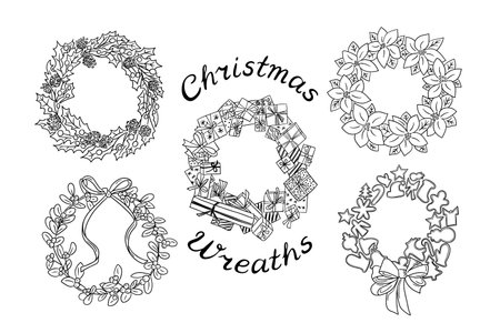 Christmas doodle handmade different holiday wreath. Sketchy outline wreath made from gifts, cookie cutters, mistletoe, poinsettia and holly leaves. Holiday design for coloring pages, stickers, patternのイラスト素材
