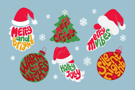 Winter holiday retro groovy lettering collection. Flat isolated typographic stickers or printouts. Christmas quotes or slogans. Ideal for shirt print, stickers, decorationのイラスト素材
