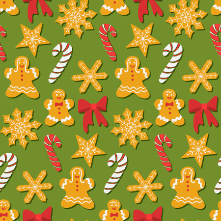 Christmas seamless pattern with gingerbread men, snowflakes, candy sticks and ribbon in flat hand drawn style on green background. Holiday design for decoration, wrappingのイラスト素材