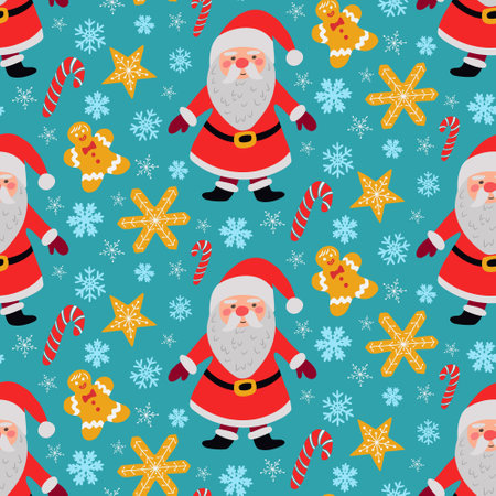 Christmas pattern with Santa Claus character and holiday sweets. Flat cartoon character, gingerbread men and snowflakes on blue background. Holiday design for for decoration, wrapping, bannerのイラスト素材