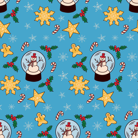 Christmas pattern with Christal ball with snowman, holly berries, gingerbread snowflakes in flat cartoon on blue background. Winter holiday design for decoration, wrapping, banner, backgroundのイラスト素材
