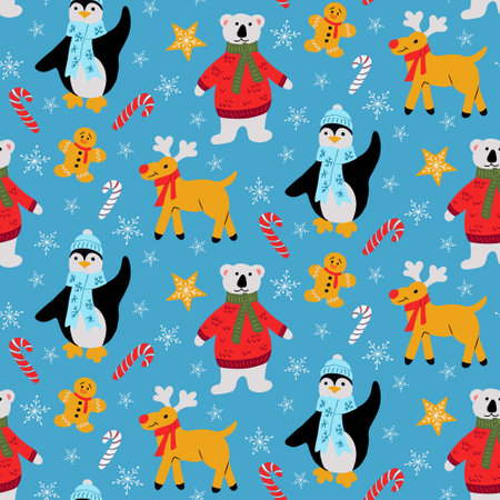 Funny childish Christmas characters seamless pattern. Funny colored polar bear, reindeer, penguin, gingerbread man in flat cartoon style on blue background. Ideal design for decoration, wrappingのイラスト素材