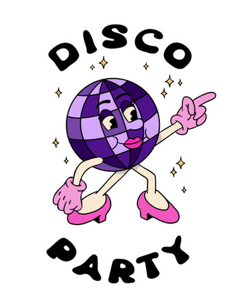 Retro style print design with disco ball cartoon character and lettering in groovy style. Hand drawn funny female character and slogan Disco Party. Vintage dancing concept illustrationのイラスト素材