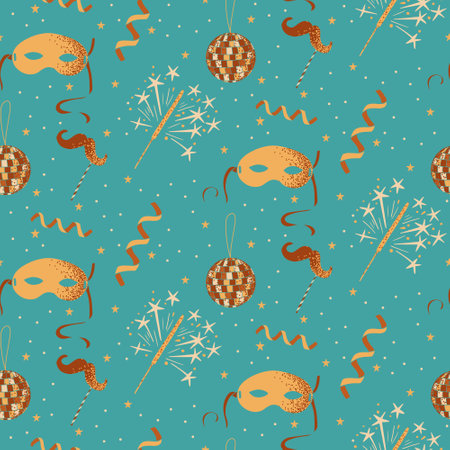 Masquerade minimalistic seamless pattern with related elements. Vector flat hand drawn items with dotted texture on light green background. Good for background, wrapping paper, textileのイラスト素材