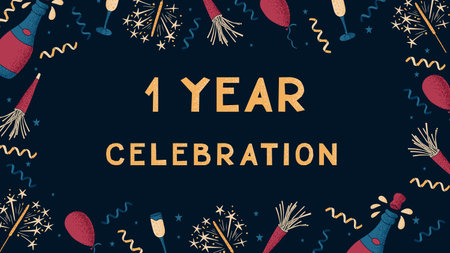 Greeting vector banner with text 1 Year celebration. Dark theme. Template of print design with celebrating elements with dotted texture on dark background. Flat composition for anniversaryのイラスト素材
