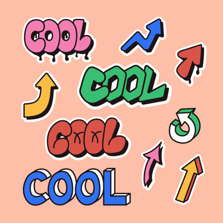 Sticker set in retro 90s style with word cool and arrows. Hand drawn lettering in street style graffiti, bubble and y2k style. Different kind of arrows. Ideal for stickers, decorationのイラスト素材