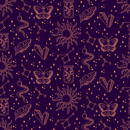 Pattern with mystical and magic outline elements. Mystery linear drawings. Graphic print design for...