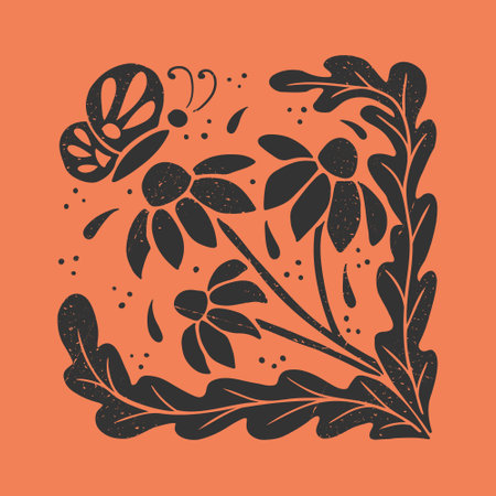 Abstract floral retro grunge illustration. Flat botanical black illustration in square form with grunge texture and scratches. Suitable for decoration, posters, t shirt print, social media graphicsのイラスト素材