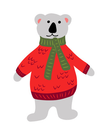 Flat hand drawn childish Christmas polar bear. Christmas traditional person, Santa Claus friend in warm sweater and scarf in kids cartoon style. Ideal for Christmas decoration, stickers, patternのイラスト素材
