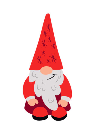 Flat hand drawn Christmas Dwarf. Christmas traditional person, Santa Claus friend in red color clothing in kids cartoon style. Ideal for Christmas decoration, stickers, patternのイラスト素材