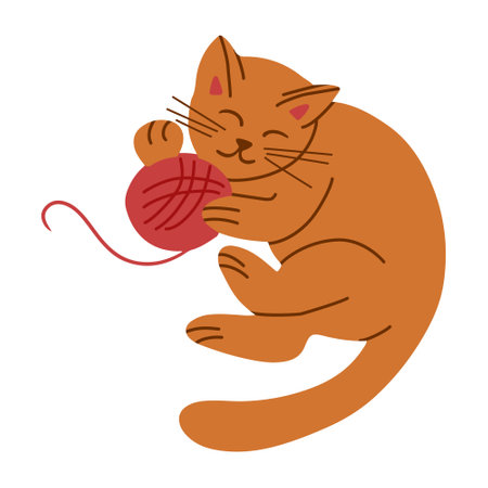 Flat hand drawn sleepy cat lying with ball of wool. Vector hand drawn elements in flat minimalistic style. Trendy illustration for sticker decoration.のイラスト素材