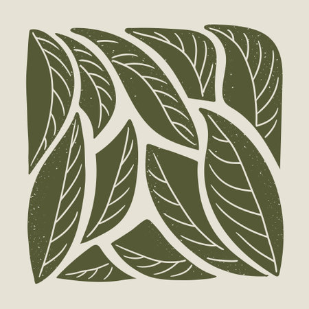 Retro botanical abstract square composition. Flat illustration with leaves and grunge texture and scratches. Suitable for decoration, posters, t shirt print, social media graphics, patternのイラスト素材