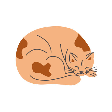 Vector hand drawn sleepy cat lying down. Vector hand drawn pet in flat minimalistic style. Trendy illustration for sticker decoration.のイラスト素材